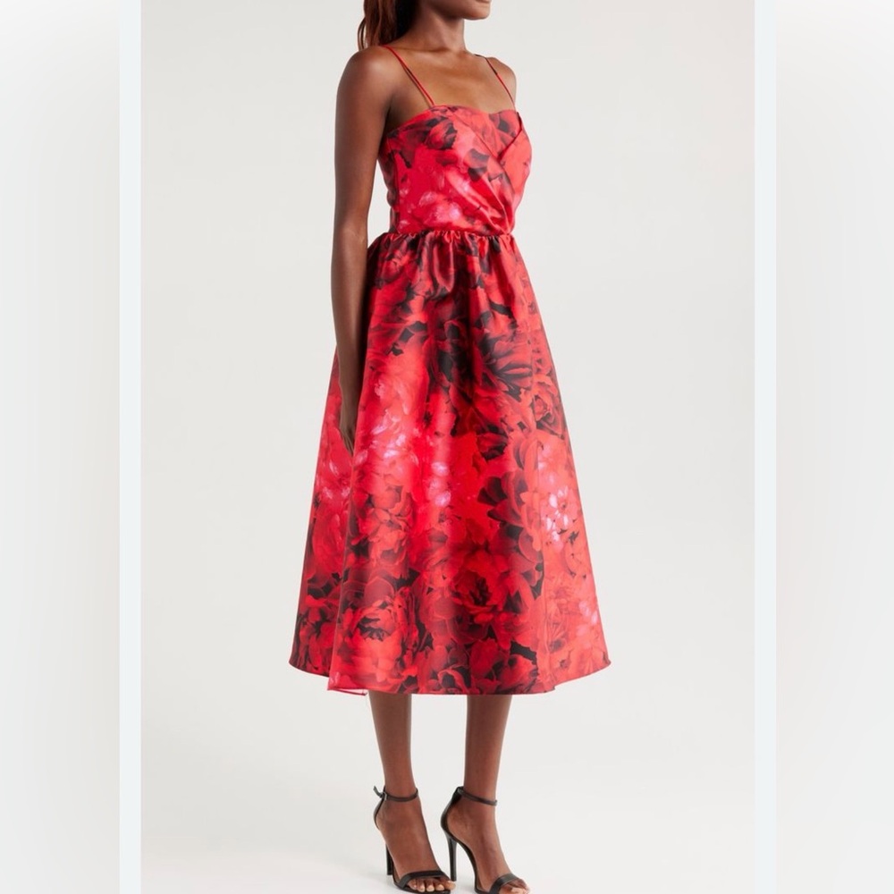 NWT JULIA JORDAN Red Multi Monroe Twill Floral A-line Midi Dress